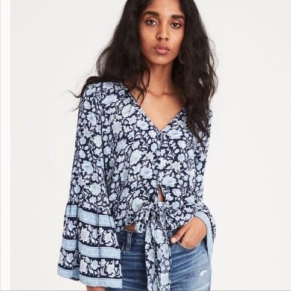 American Eagle Floral V-Neck Tie-Front Blouse with Flare Sleeves